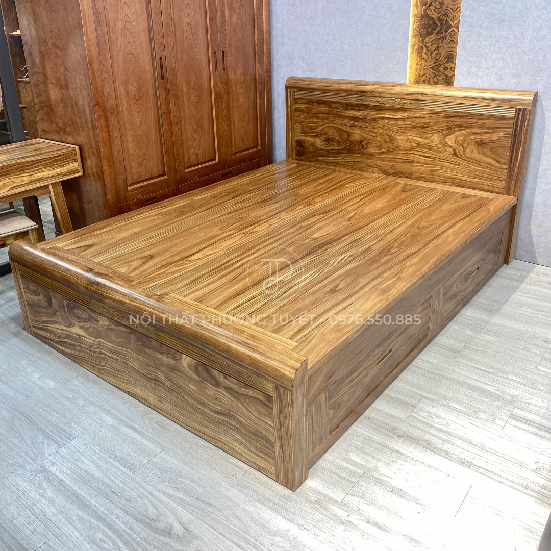 Giường Ngủ Gỗ Hương Xám Hoạ Tiết Chỉ Hoa GN-HX02